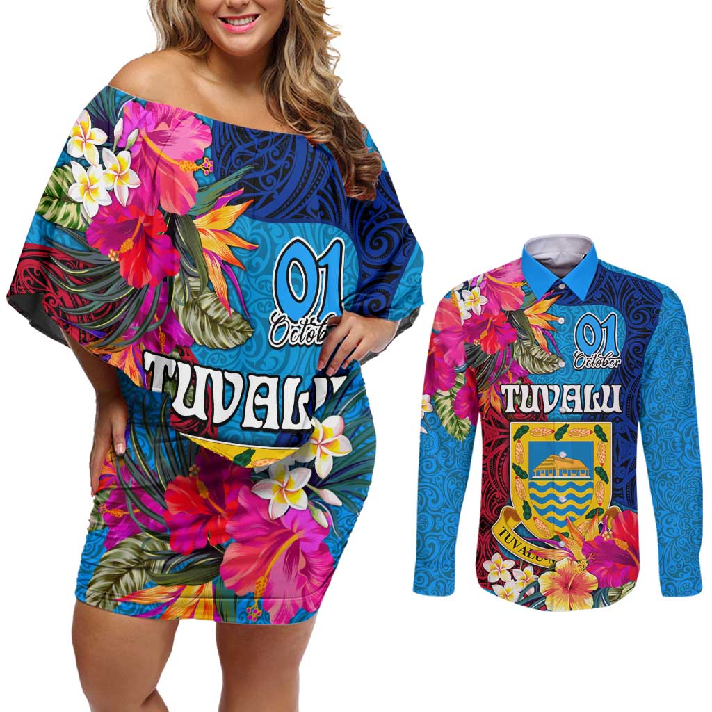 Tuvalu Independence Day Couples Matching Off Shoulder Short Dress and Long Sleeve Button Shirt 1st October 46th Anniversary Polynesian Jungle Flower LT03 Blue - Polynesian Pride