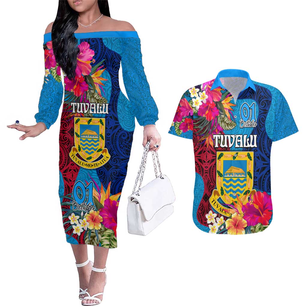 Tuvalu Independence Day Couples Matching Off The Shoulder Long Sleeve Dress and Hawaiian Shirt 1st October 46th Anniversary Polynesian Jungle Flower LT03 Blue - Polynesian Pride