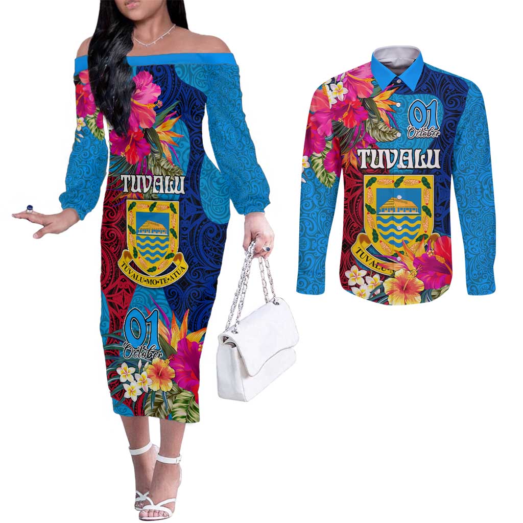 Tuvalu Independence Day Couples Matching Off The Shoulder Long Sleeve Dress and Long Sleeve Button Shirt 1st October 46th Anniversary Polynesian Jungle Flower LT03 Blue - Polynesian Pride