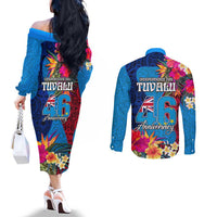 Tuvalu Independence Day Couples Matching Off The Shoulder Long Sleeve Dress and Long Sleeve Button Shirt 1st October 46th Anniversary Polynesian Jungle Flower LT03 - Polynesian Pride