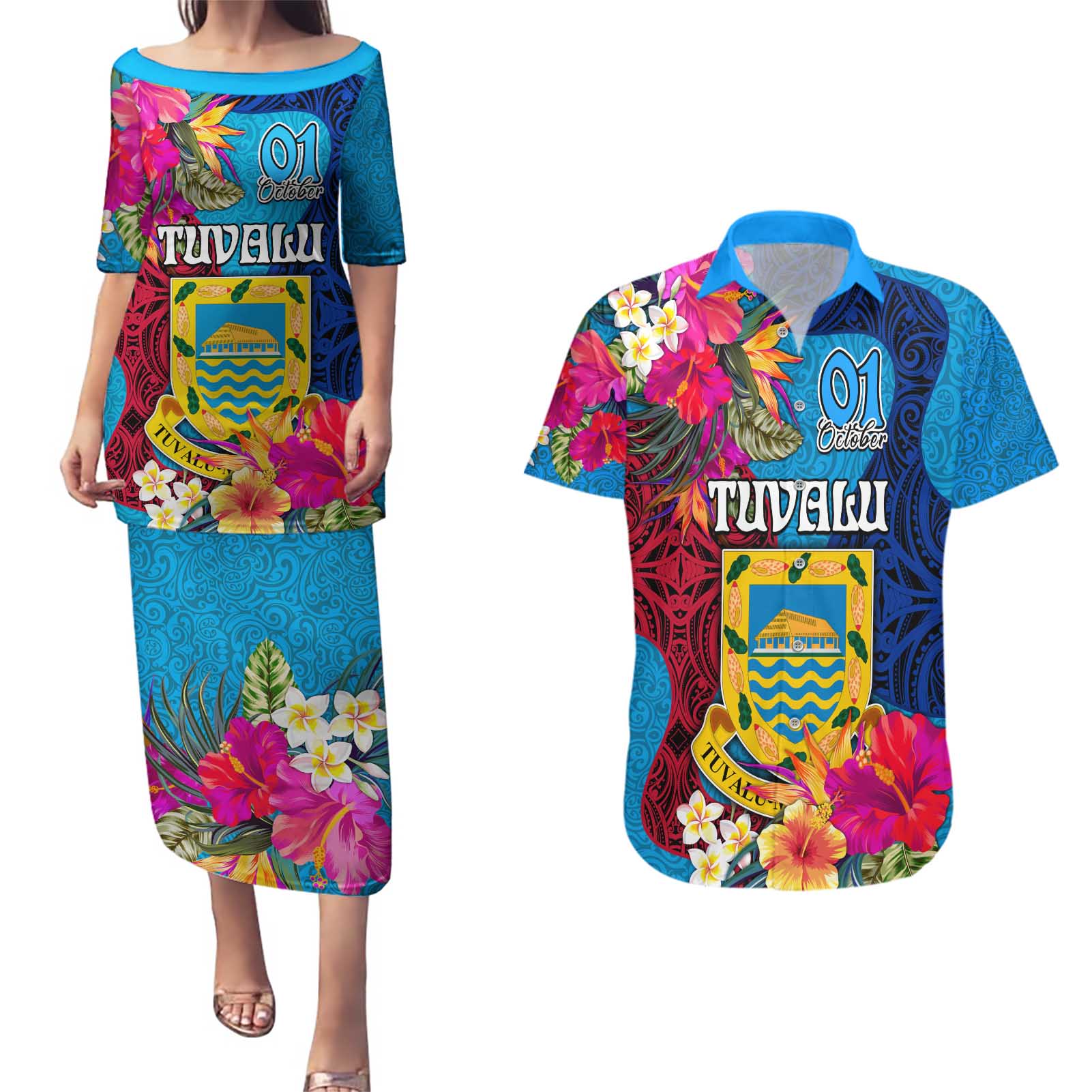 Tuvalu Independence Day Couples Matching Puletasi and Hawaiian Shirt 1st October 46th Anniversary Polynesian Jungle Flower