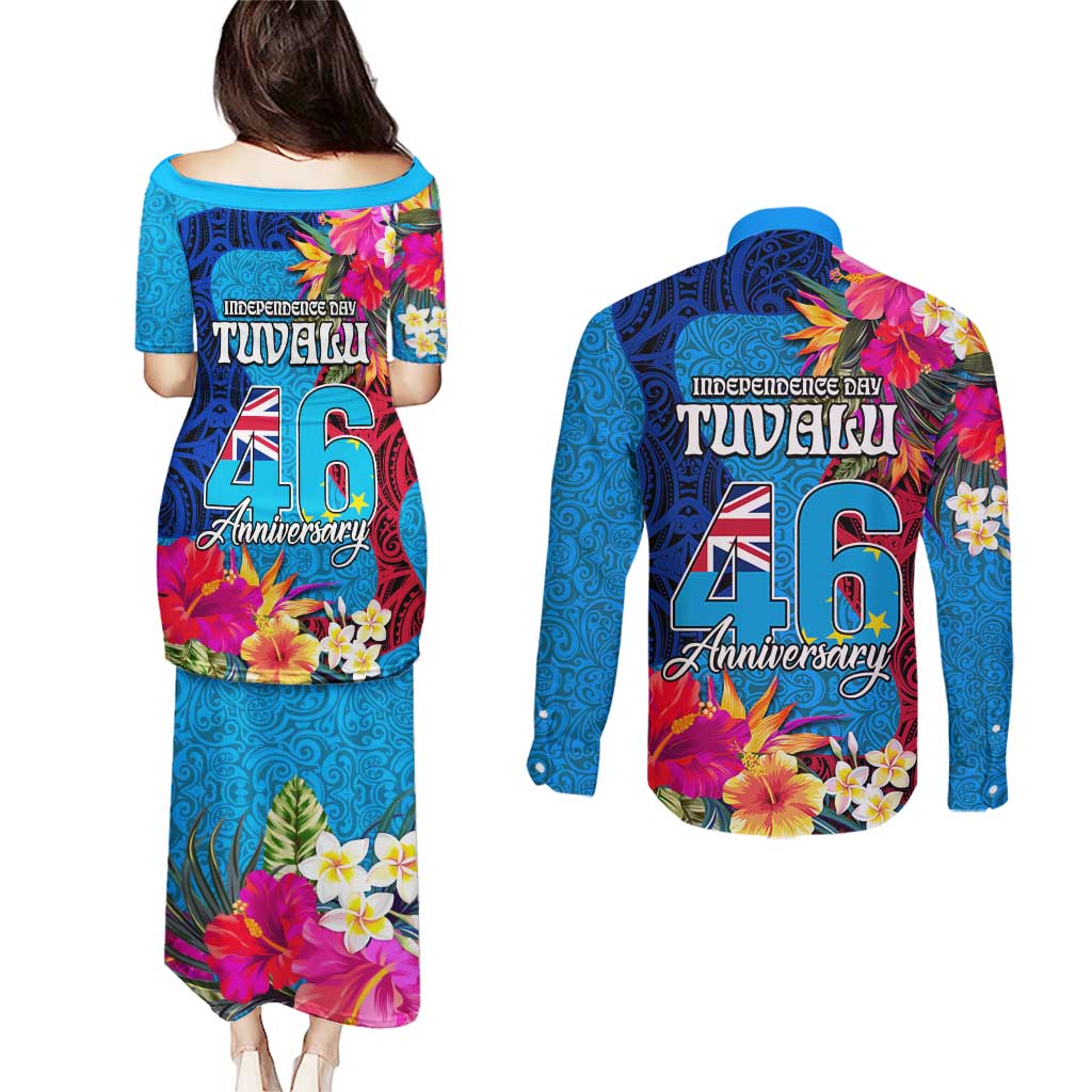 Tuvalu Independence Day Couples Matching Puletasi and Long Sleeve Button Shirt 1st October 46th Anniversary Polynesian Jungle Flower LT03 - Polynesian Pride