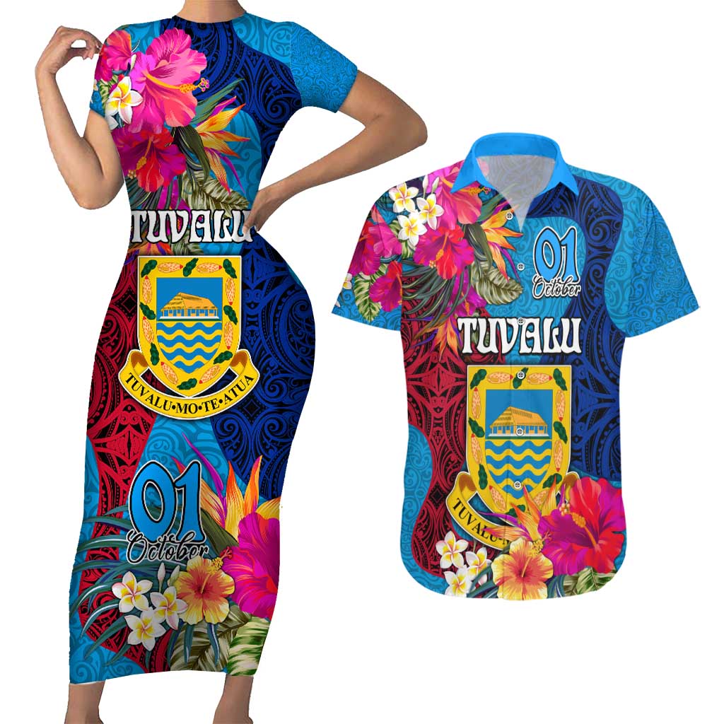 Tuvalu Independence Day Couples Matching Short Sleeve Bodycon Dress and Hawaiian Shirt 1st October 46th Anniversary Polynesian Jungle Flower LT03 Blue - Polynesian Pride