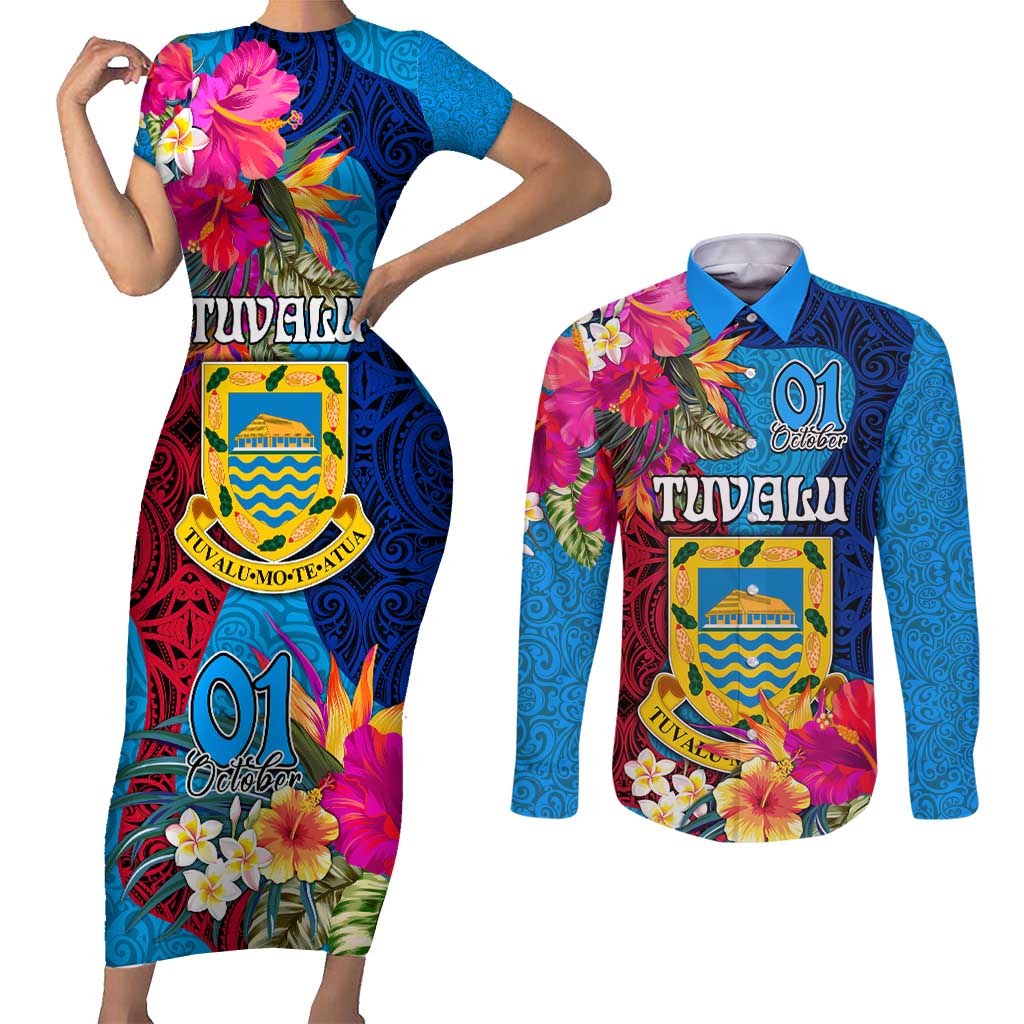Tuvalu Independence Day Couples Matching Short Sleeve Bodycon Dress and Long Sleeve Button Shirt 1st October 46th Anniversary Polynesian Jungle Flower LT03 Blue - Polynesian Pride