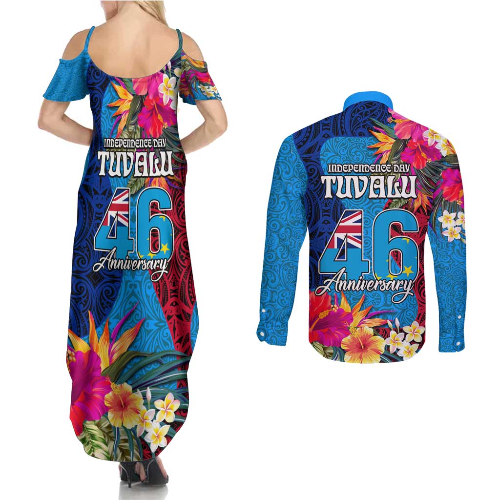 Tuvalu Independence Day Couples Matching Summer Maxi Dress and Long Sleeve Button Shirt 1st October 46th Anniversary Polynesian Jungle Flower LT03 - Polynesian Pride