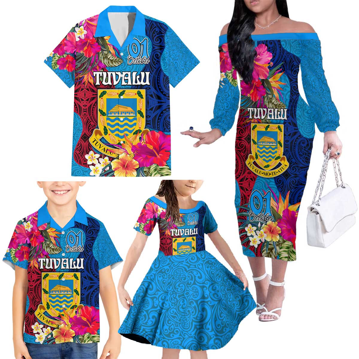 Tuvalu Independence Day Family Matching Off The Shoulder Long Sleeve Dress and Hawaiian Shirt 1st October 46th Anniversary Polynesian Jungle Flower LT03 - Polynesian Pride