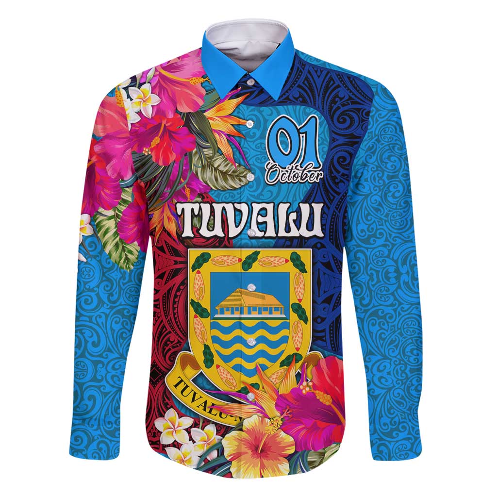 Tuvalu Independence Day Family Matching Off Shoulder Maxi Dress and Hawaiian Shirt 1st October 46th Anniversary Polynesian Jungle Flower LT03 Dad's Shirt - Long Sleeve Blue - Polynesian Pride
