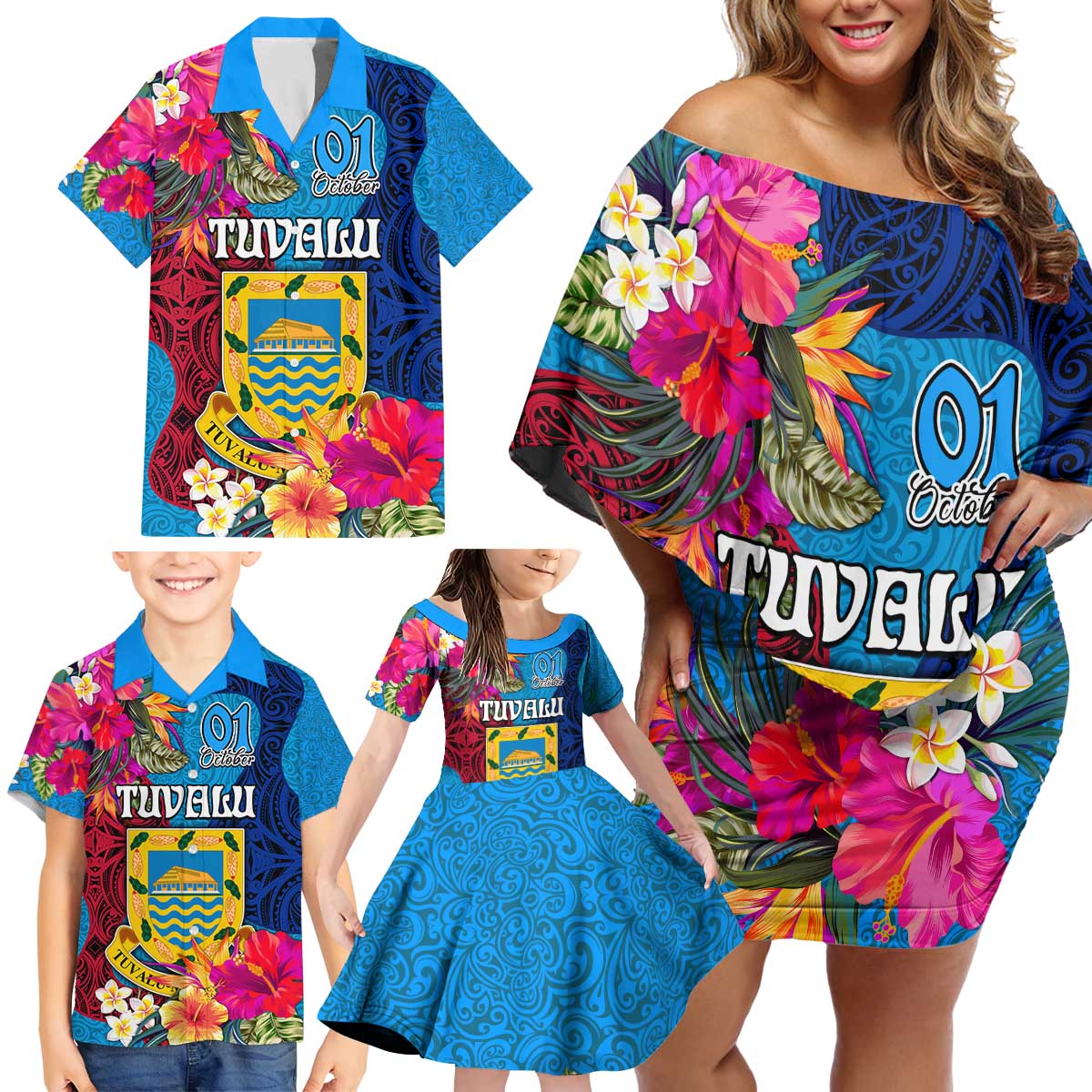 Tuvalu Independence Day Family Matching Off Shoulder Short Dress and Hawaiian Shirt 1st October 46th Anniversary Polynesian Jungle Flower LT03 - Polynesian Pride