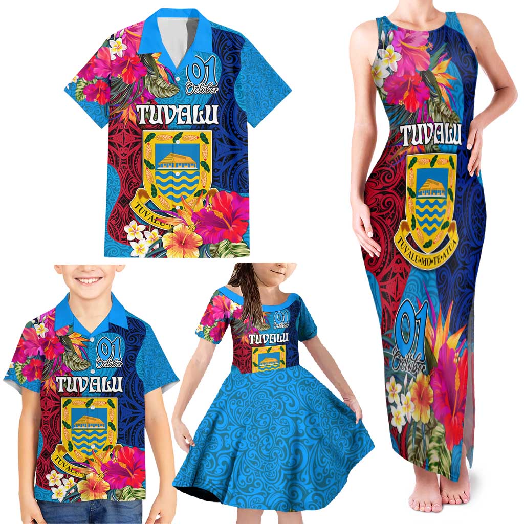 Tuvalu Independence Day Family Matching Tank Maxi Dress and Hawaiian Shirt 1st October 46th Anniversary Polynesian Jungle Flower LT03 - Polynesian Pride