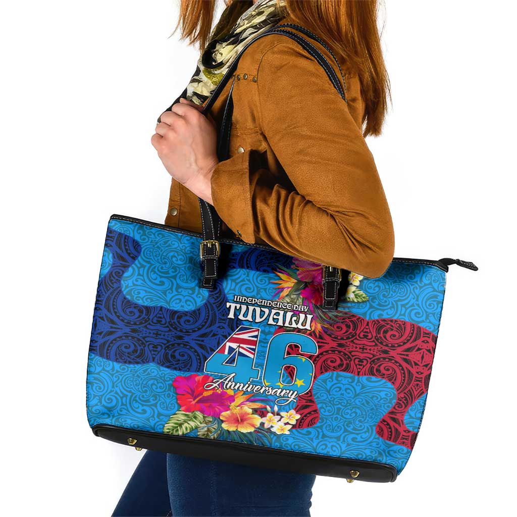 Tuvalu Independence Day Leather Tote Bag 1st October 46th Anniversary Polynesian Jungle Flower LT03 Blue - Polynesian Pride