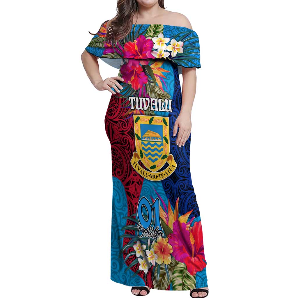 Tuvalu Independence Day Off Shoulder Maxi Dress 1st October 46th Anniversary Polynesian Jungle Flower