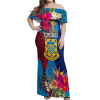 Tuvalu Independence Day Off Shoulder Maxi Dress 1st October 46th Anniversary Polynesian Jungle Flower LT03 Women Blue - Polynesian Pride