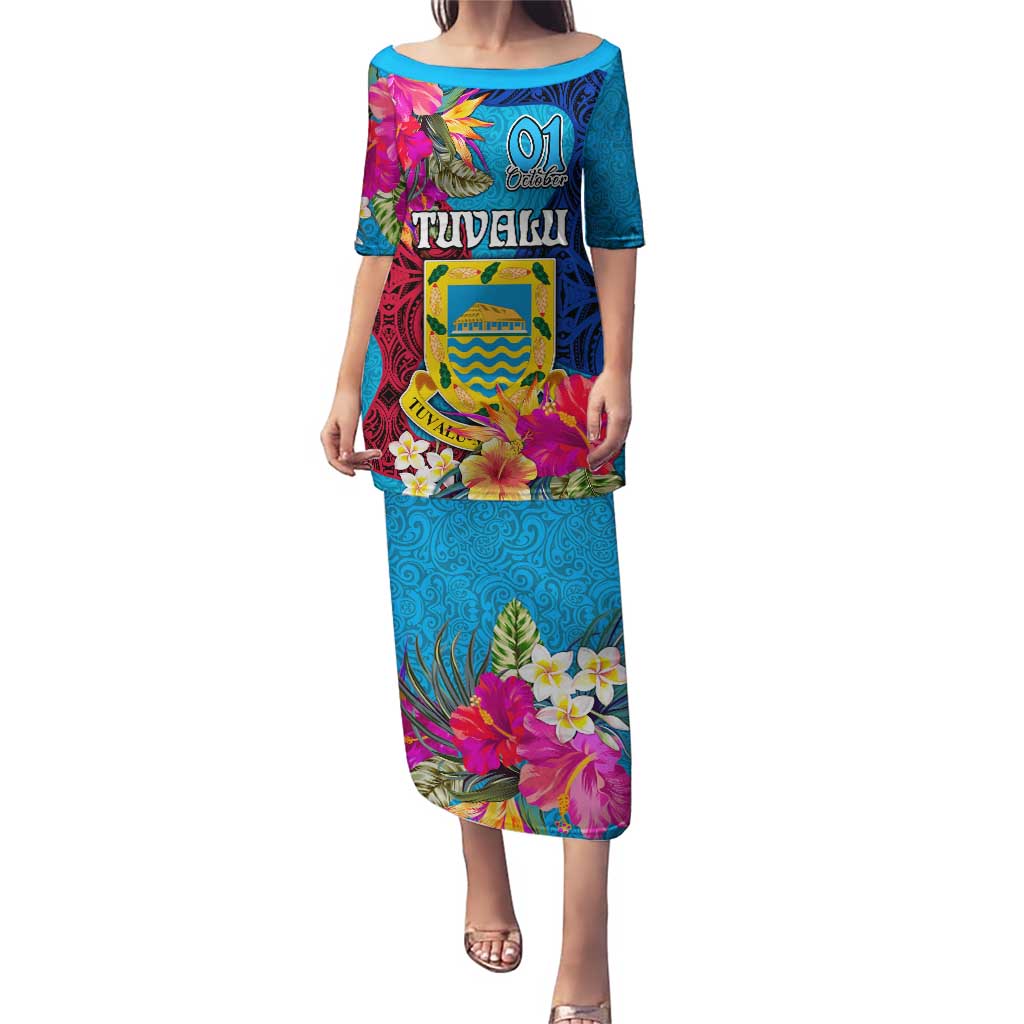 Tuvalu Independence Day Puletasi 1st October 46th Anniversary Polynesian Jungle Flower LT03 Long Dress Blue - Polynesian Pride