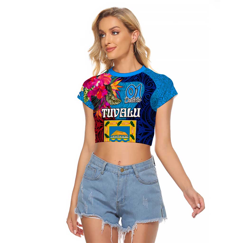 Tuvalu Independence Day Raglan Cropped T Shirt 1st October 46th Anniversary Polynesian Jungle Flower LT03 Female Blue - Polynesian Pride