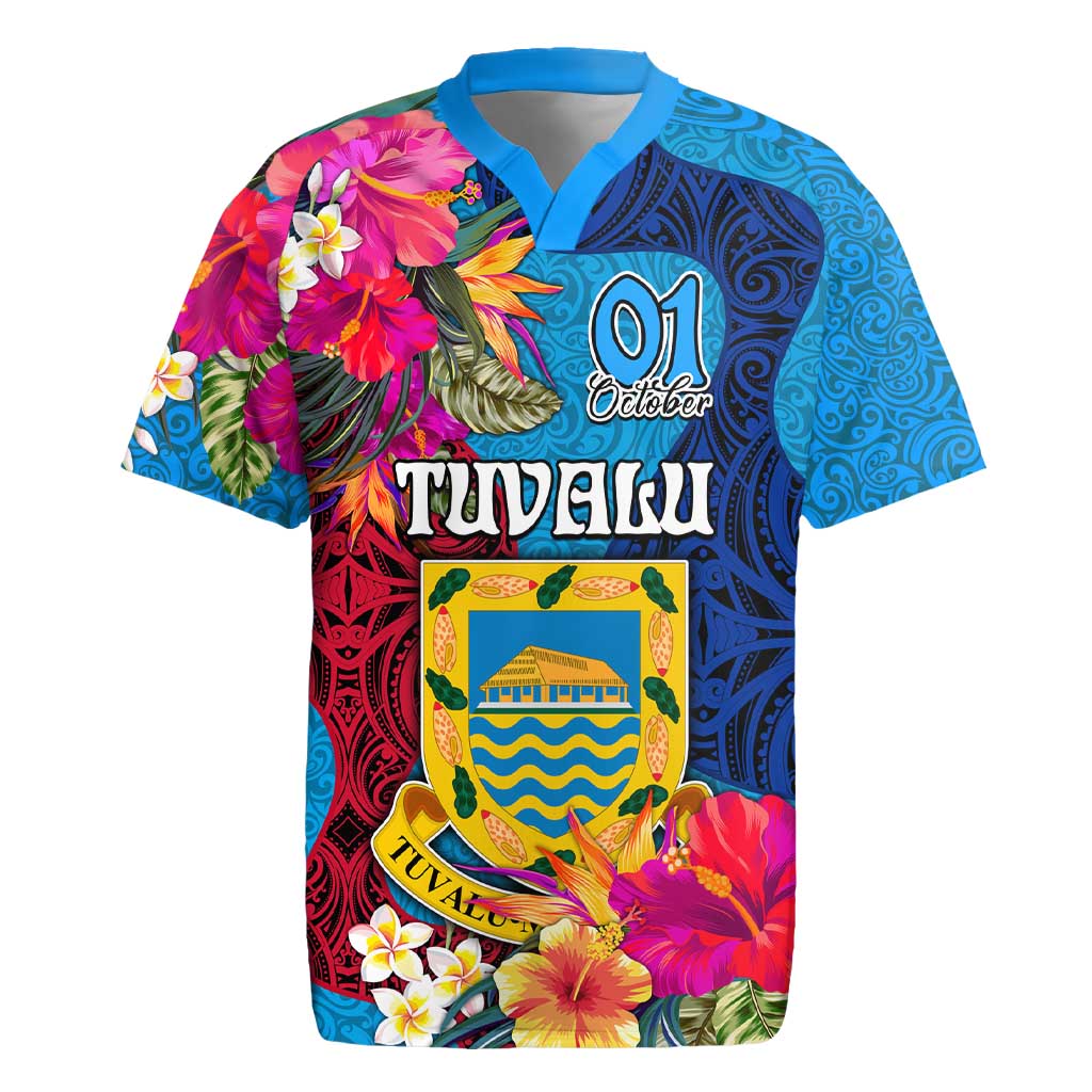 Tuvalu Independence Day Rugby Jersey 1st October 46th Anniversary Polynesian Jungle Flower LT03 Blue - Polynesian Pride