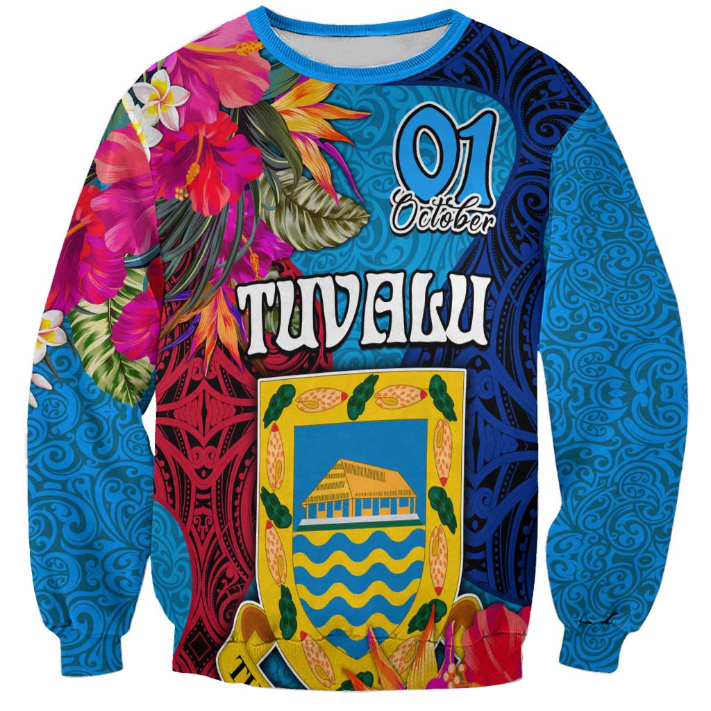 Tuvalu Independence Day Sweatshirt 1st October 46th Anniversary Polynesian Jungle Flower LT03 Unisex Blue - Polynesian Pride