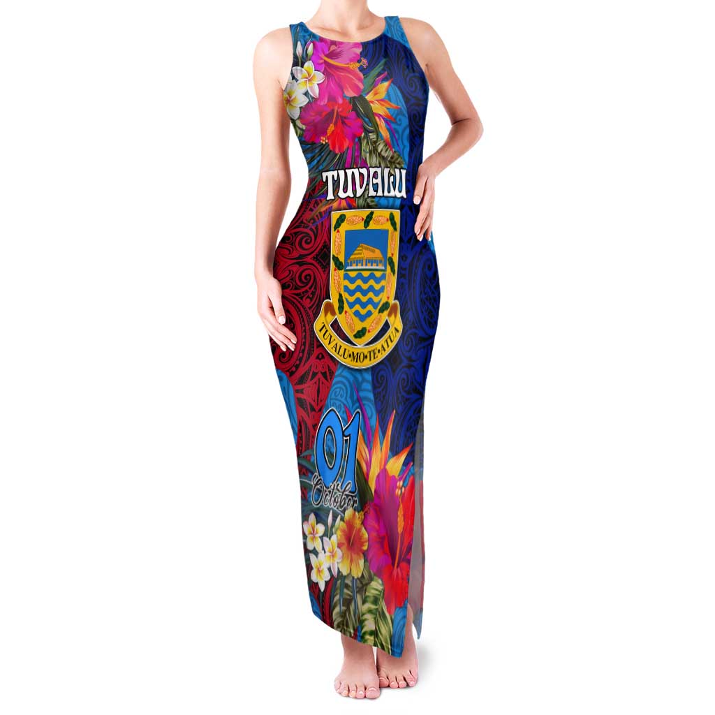 Tuvalu Independence Day Tank Maxi Dress 1st October 46th Anniversary Polynesian Jungle Flower LT03 Women Blue - Polynesian Pride