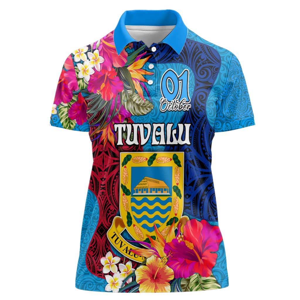 Tuvalu Independence Day Women Polo Shirt 1st October 46th Anniversary Polynesian Jungle Flower