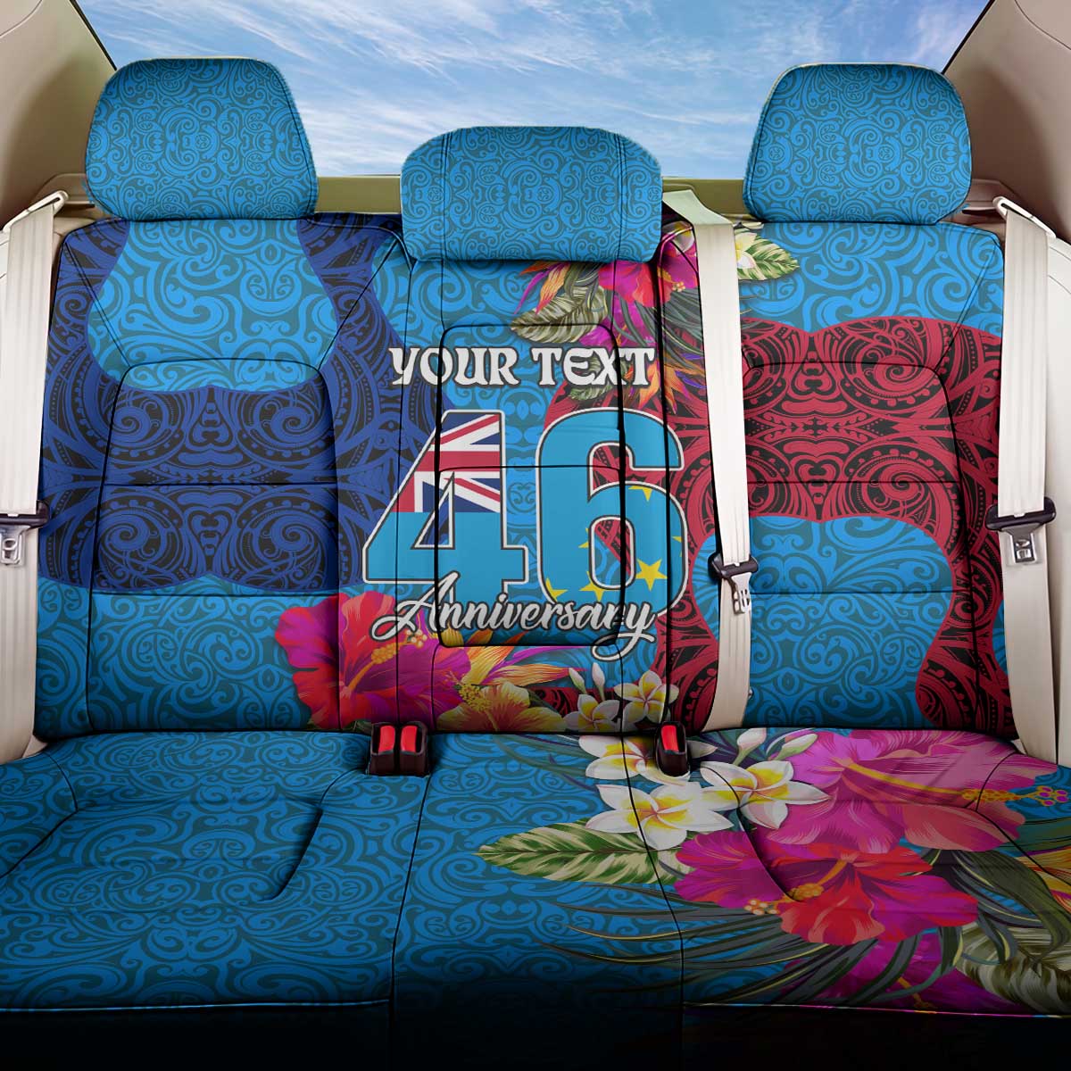 Personalised Tuvalu Independence Day Back Car Seat Cover 1st October 46th Anniversary Polynesian Jungle Flower