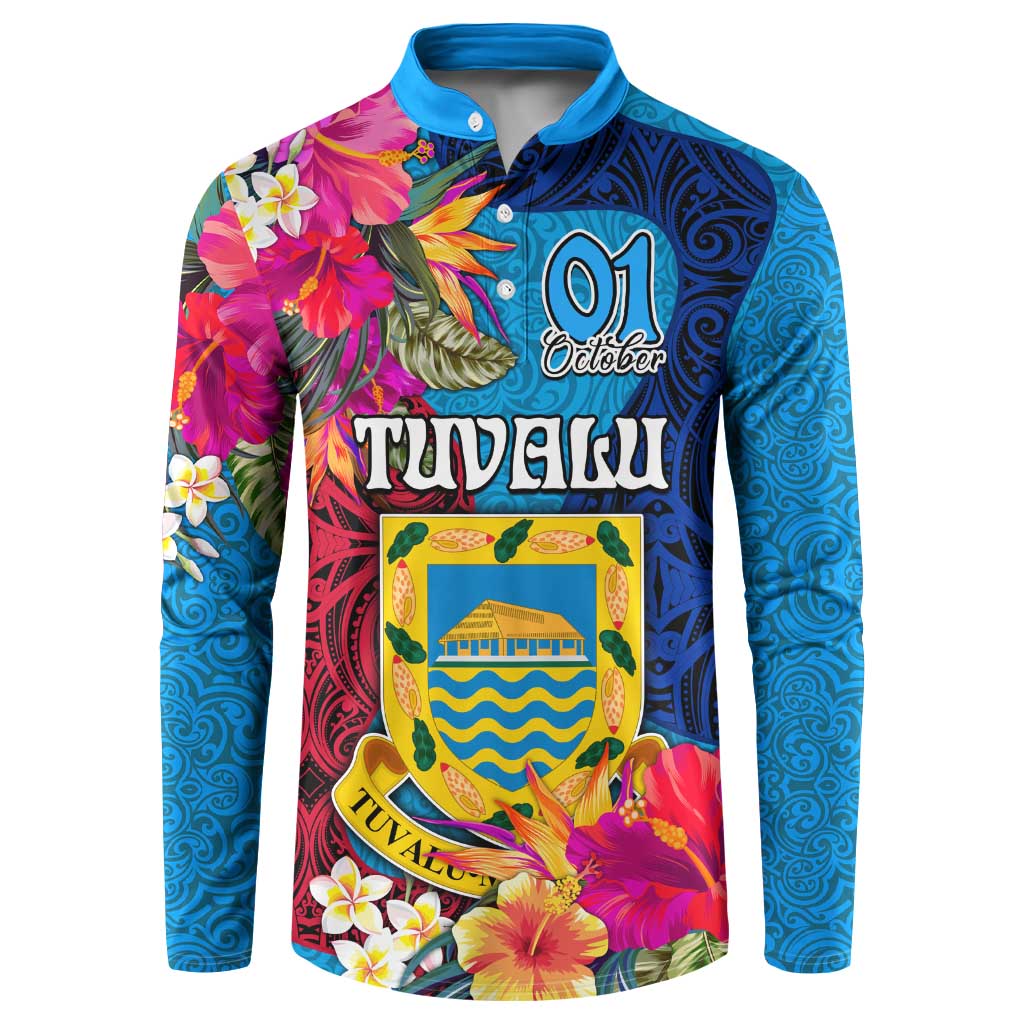Personalised Tuvalu Independence Day Button Sweatshirt 1st October 46th Anniversary Polynesian Jungle Flower LT03 Blue - Polynesian Pride