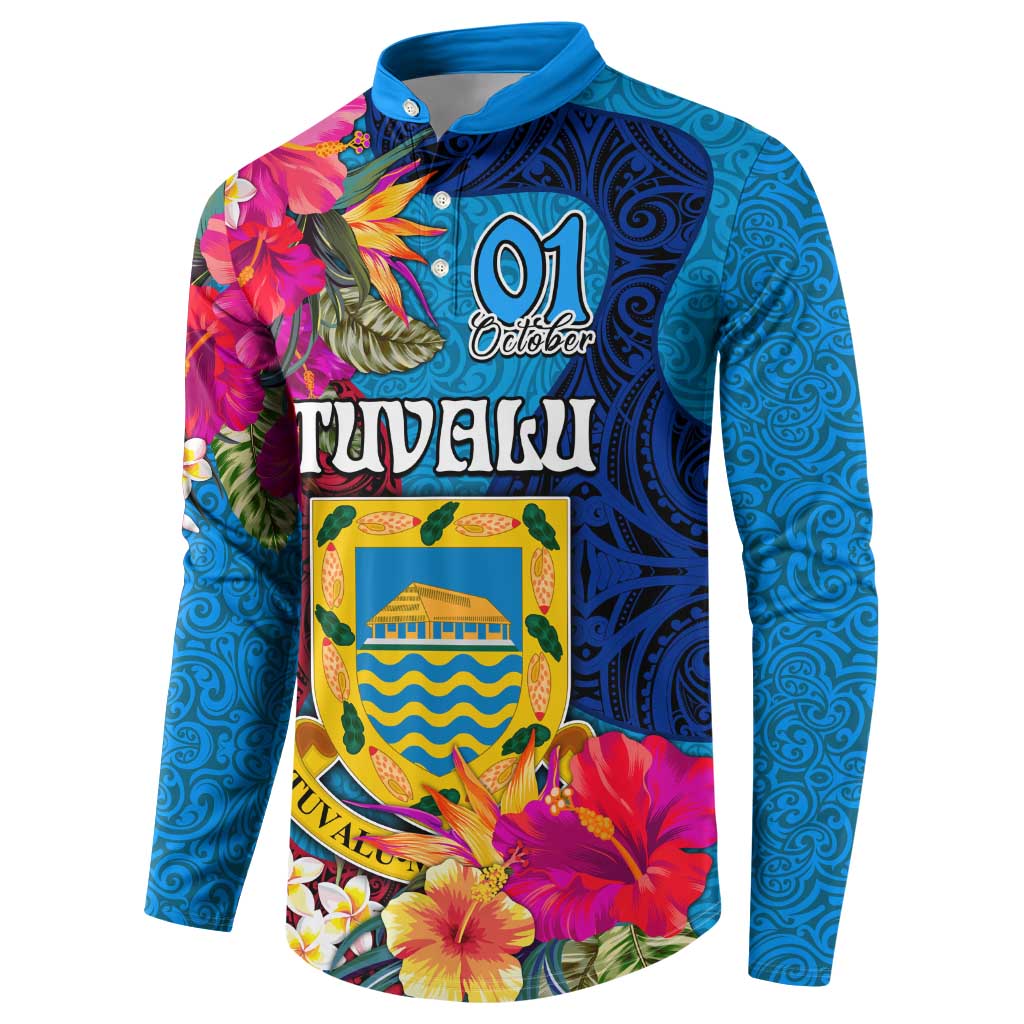 Personalised Tuvalu Independence Day Button Sweatshirt 1st October 46th Anniversary Polynesian Jungle Flower LT03 - Polynesian Pride