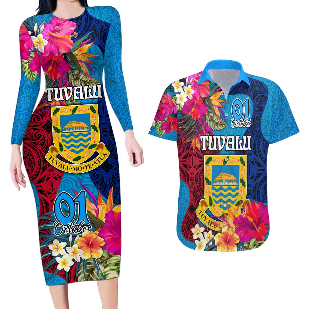 Personalised Tuvalu Independence Day Couples Matching Long Sleeve Bodycon Dress and Hawaiian Shirt 1st October 46th Anniversary Polynesian Jungle Flower LT03 Blue - Polynesian Pride