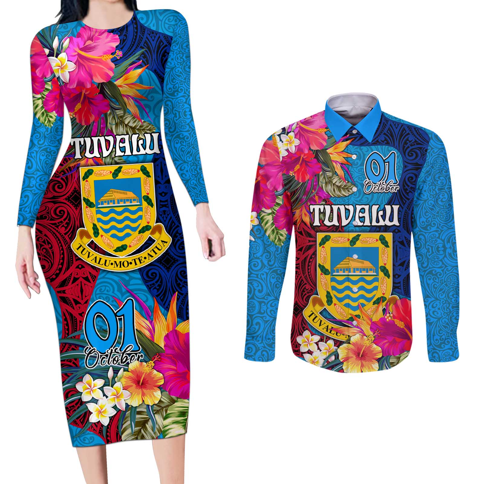 Personalised Tuvalu Independence Day Couples Matching Long Sleeve Bodycon Dress and Long Sleeve Button Shirt 1st October 46th Anniversary Polynesian Jungle Flower