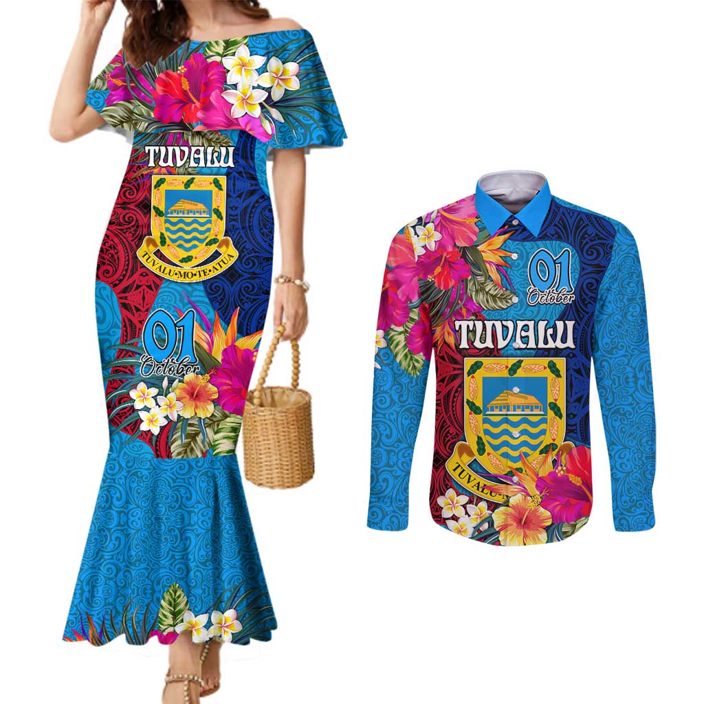 Personalised Tuvalu Independence Day Couples Matching Mermaid Dress and Long Sleeve Button Shirt 1st October 46th Anniversary Polynesian Jungle Flower