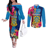 Personalised Tuvalu Independence Day Couples Matching Off The Shoulder Long Sleeve Dress and Long Sleeve Button Shirt 1st October 46th Anniversary Polynesian Jungle Flower LT03 Blue - Polynesian Pride
