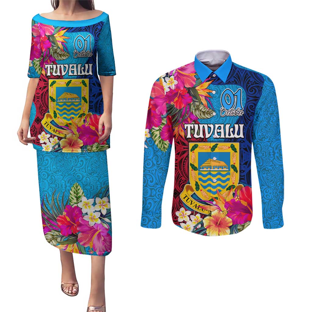 Personalised Tuvalu Independence Day Couples Matching Puletasi and Long Sleeve Button Shirt 1st October 46th Anniversary Polynesian Jungle Flower