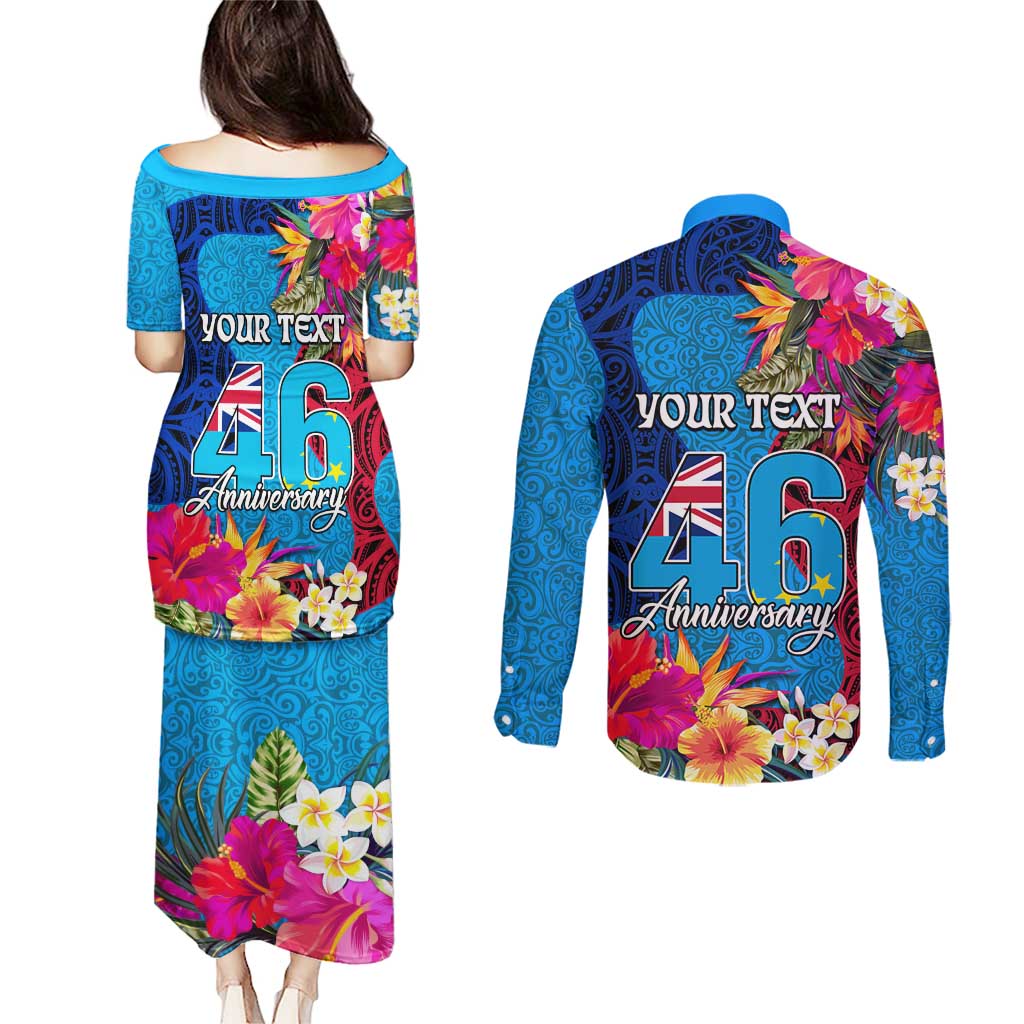 Personalised Tuvalu Independence Day Couples Matching Puletasi and Long Sleeve Button Shirt 1st October 46th Anniversary Polynesian Jungle Flower LT03 - Polynesian Pride