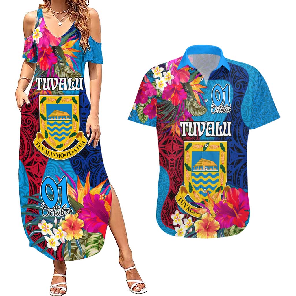 Personalised Tuvalu Independence Day Couples Matching Summer Maxi Dress and Hawaiian Shirt 1st October 46th Anniversary Polynesian Jungle Flower LT03 Blue - Polynesian Pride