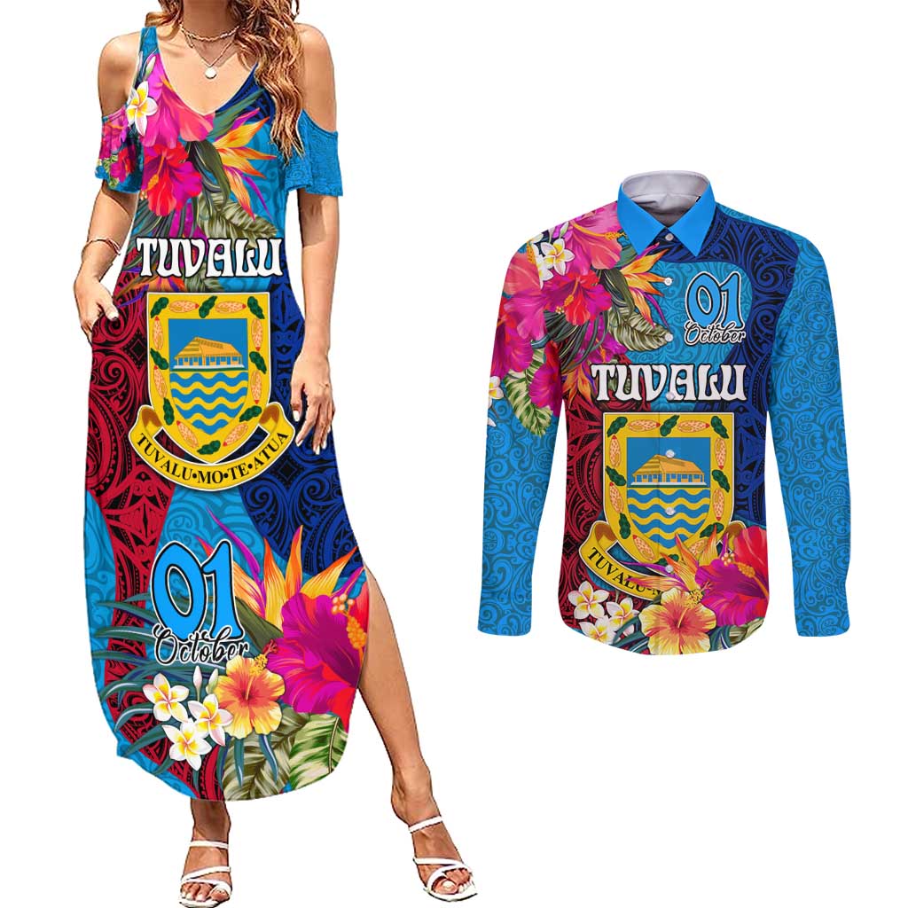 Personalised Tuvalu Independence Day Couples Matching Summer Maxi Dress and Long Sleeve Button Shirt 1st October 46th Anniversary Polynesian Jungle Flower LT03 Blue - Polynesian Pride