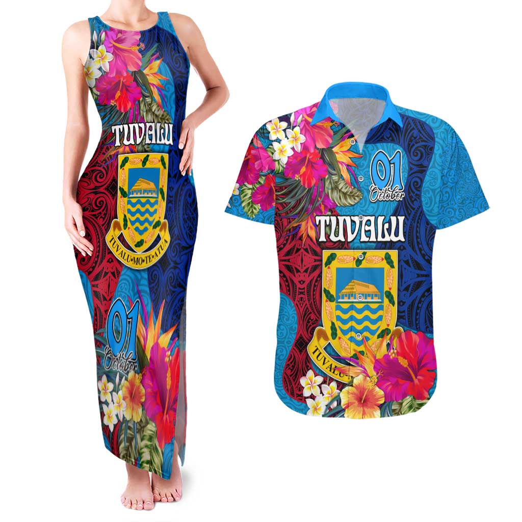 Personalised Tuvalu Independence Day Couples Matching Tank Maxi Dress and Hawaiian Shirt 1st October 46th Anniversary Polynesian Jungle Flower LT03 Blue - Polynesian Pride