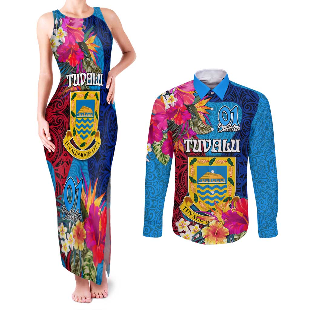 Personalised Tuvalu Independence Day Couples Matching Tank Maxi Dress and Long Sleeve Button Shirt 1st October 46th Anniversary Polynesian Jungle Flower LT03 Blue - Polynesian Pride