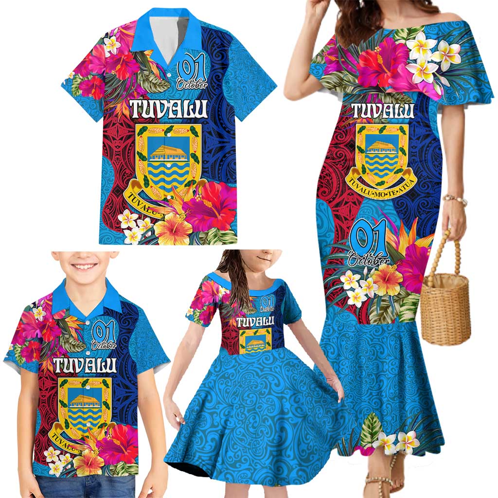 Personalised Tuvalu Independence Day Family Matching Mermaid Dress and Hawaiian Shirt 1st October 46th Anniversary Polynesian Jungle Flower LT03 - Polynesian Pride