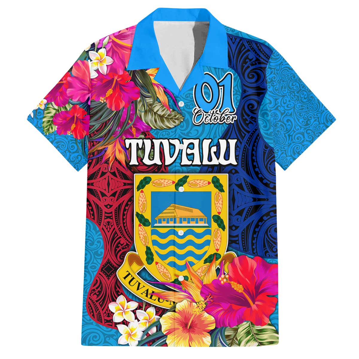 Personalised Tuvalu Independence Day Family Matching Off The Shoulder Long Sleeve Dress and Hawaiian Shirt 1st October 46th Anniversary Polynesian Jungle Flower