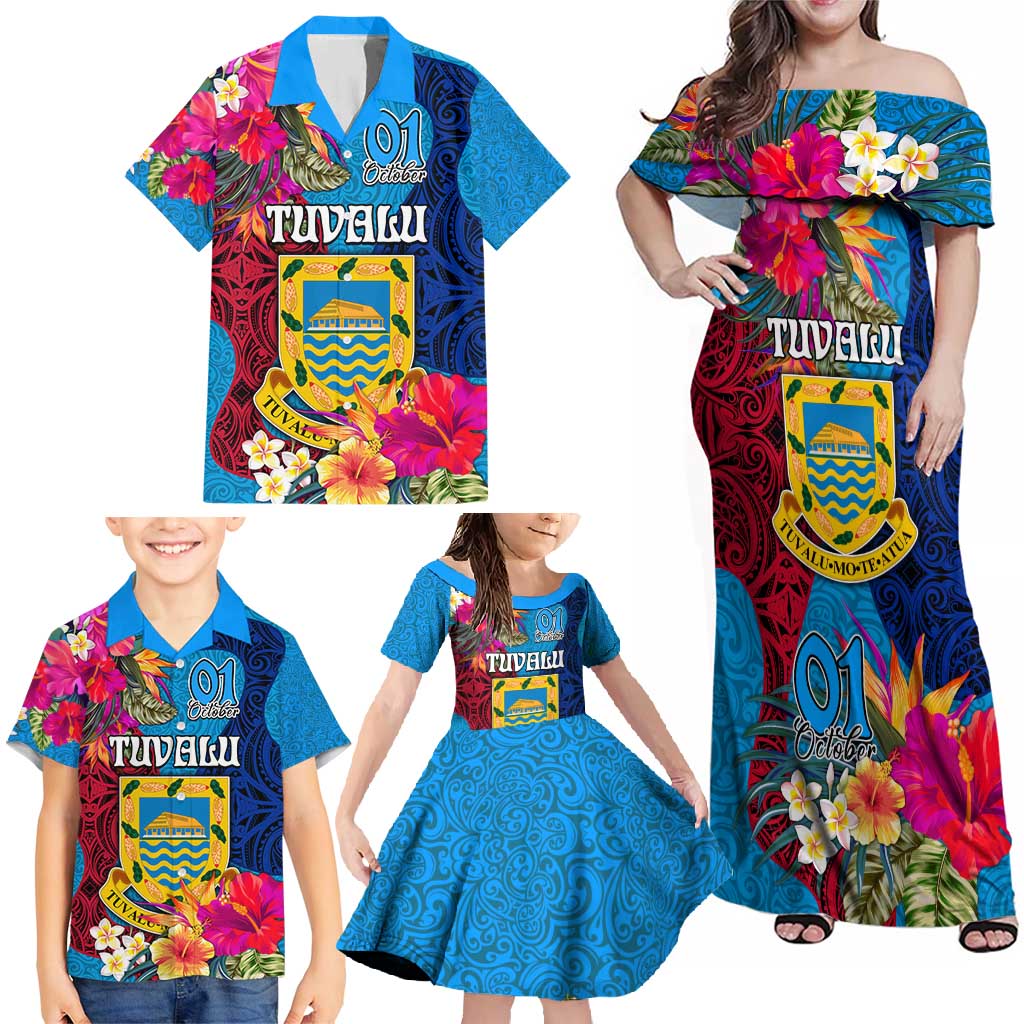 Personalised Tuvalu Independence Day Family Matching Off Shoulder Maxi Dress and Hawaiian Shirt 1st October 46th Anniversary Polynesian Jungle Flower LT03 - Polynesian Pride