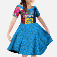 Personalised Tuvalu Independence Day Family Matching Puletasi and Hawaiian Shirt 1st October 46th Anniversary Polynesian Jungle Flower LT03 Daughter's Dress Blue - Polynesian Pride