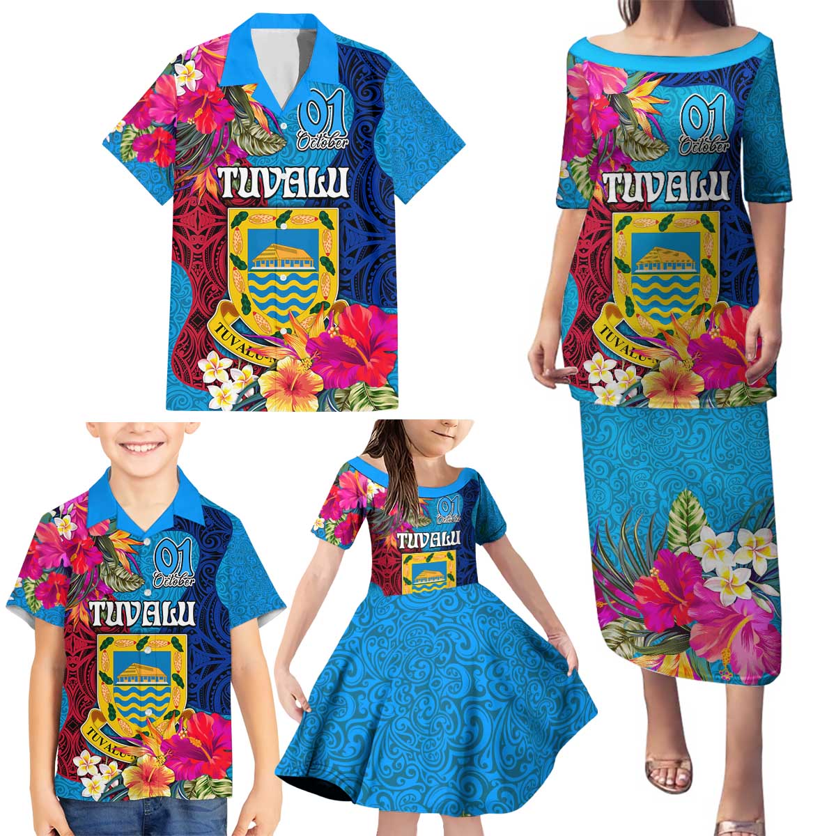 Personalised Tuvalu Independence Day Family Matching Puletasi and Hawaiian Shirt 1st October 46th Anniversary Polynesian Jungle Flower LT03 - Polynesian Pride