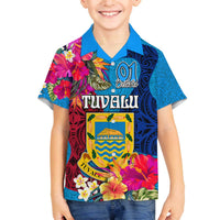 Personalised Tuvalu Independence Day Family Matching Puletasi and Hawaiian Shirt 1st October 46th Anniversary Polynesian Jungle Flower LT03 Son's Shirt Blue - Polynesian Pride