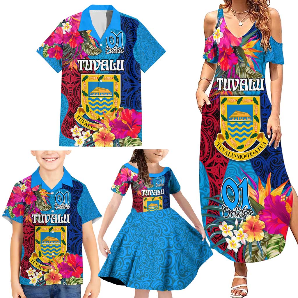 Personalised Tuvalu Independence Day Family Matching Summer Maxi Dress and Hawaiian Shirt 1st October 46th Anniversary Polynesian Jungle Flower