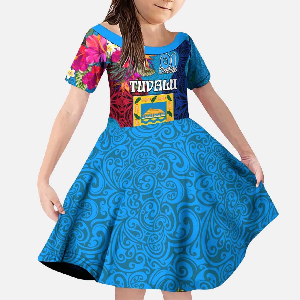Personalised Tuvalu Independence Day Family Matching Tank Maxi Dress and Hawaiian Shirt 1st October 46th Anniversary Polynesian Jungle Flower