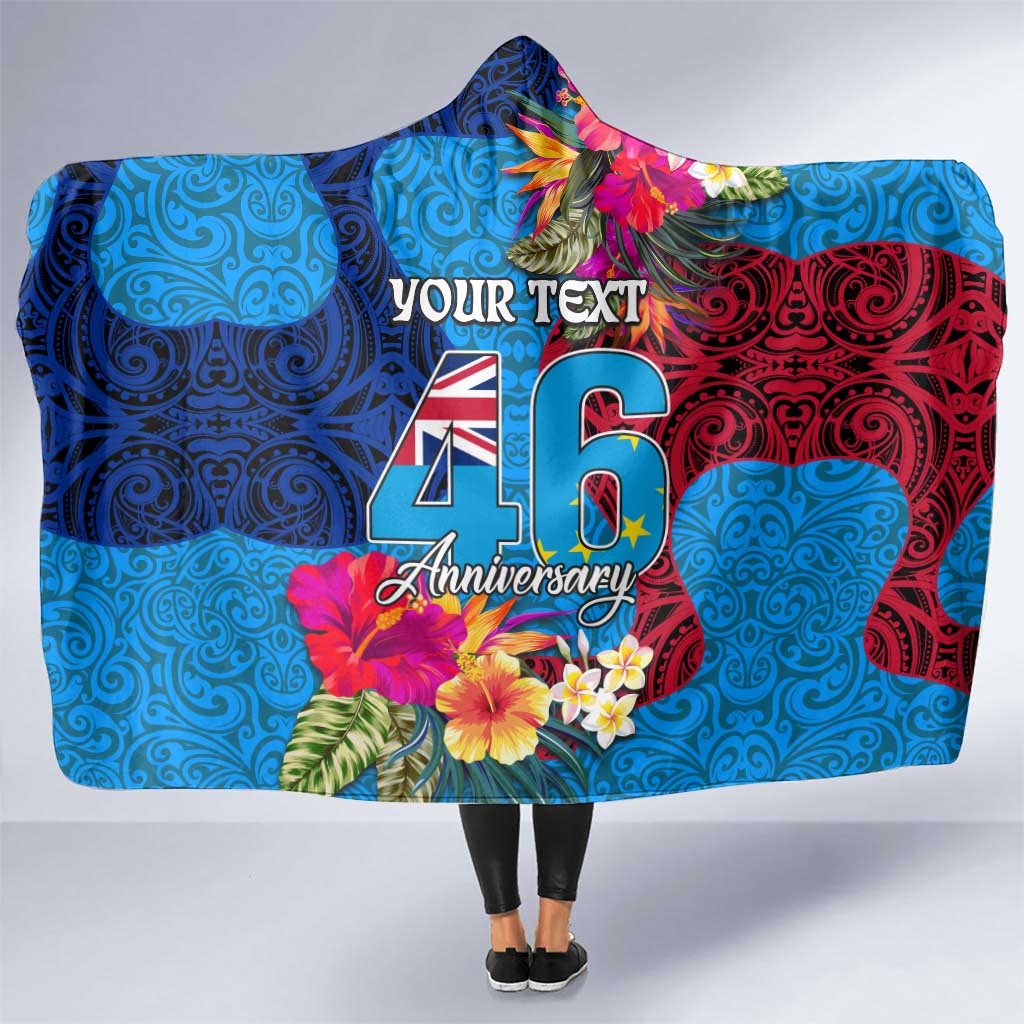 Personalised Tuvalu Independence Day Hooded Blanket 1st October 46th Anniversary Polynesian Jungle Flower LT03 One Size Blue - Polynesian Pride