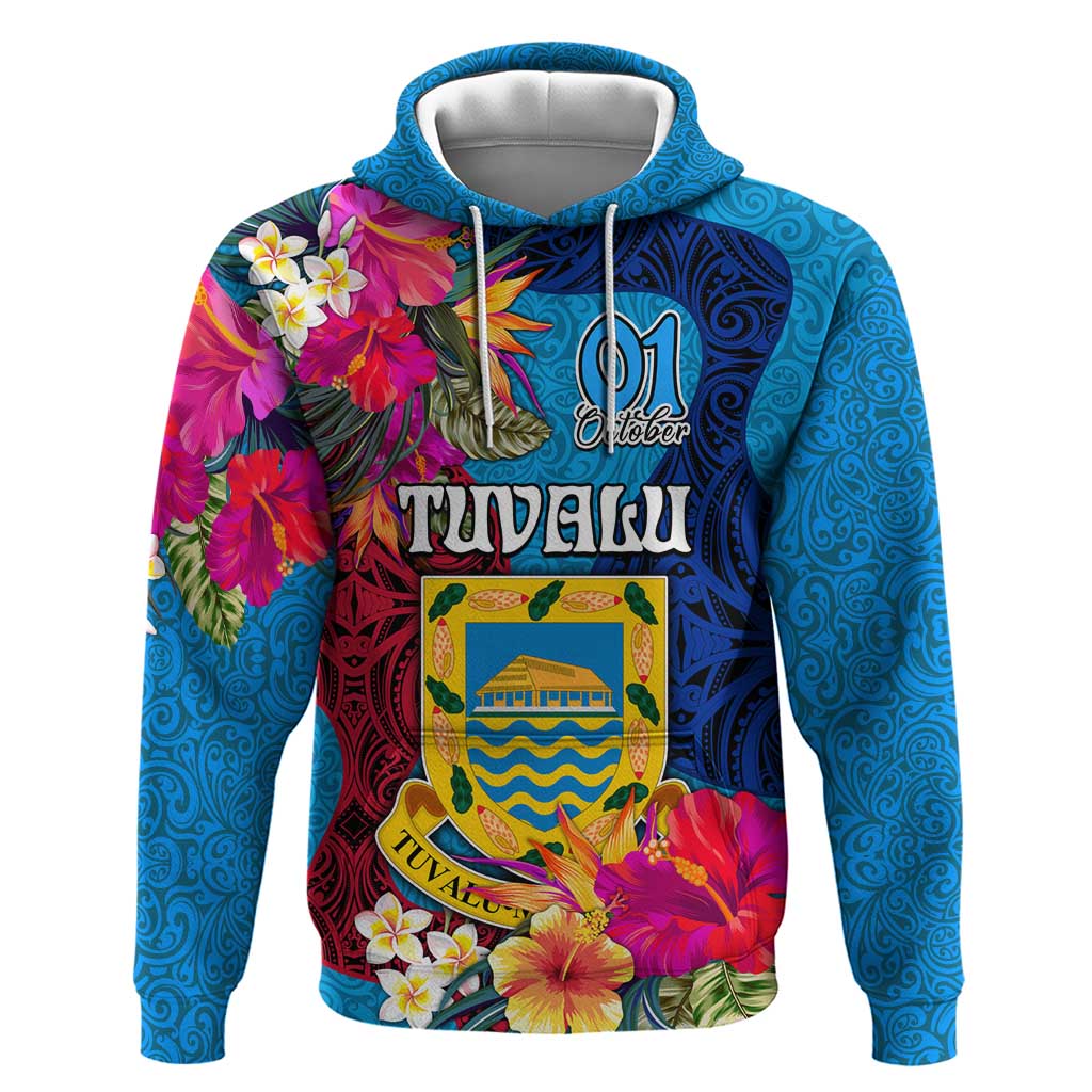 Personalised Tuvalu Independence Day Hoodie 1st October 46th Anniversary Polynesian Jungle Flower