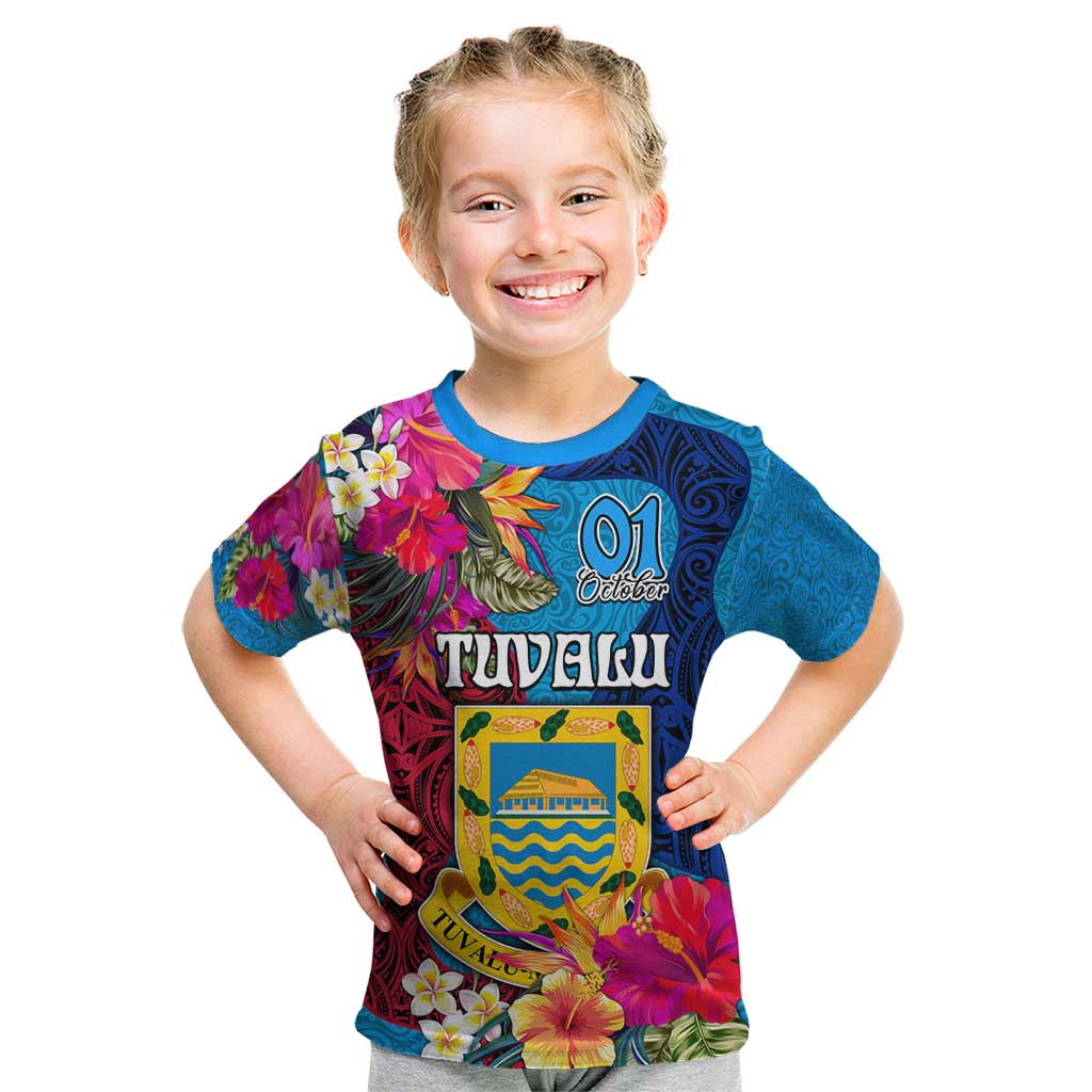 Personalised Tuvalu Independence Day Kid T Shirt 1st October 46th Anniversary Polynesian Jungle Flower