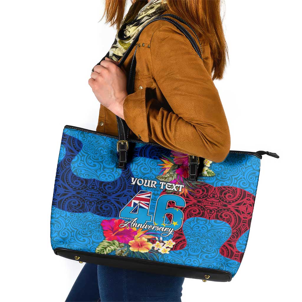 Personalised Tuvalu Independence Day Leather Tote Bag 1st October 46th Anniversary Polynesian Jungle Flower LT03 Blue - Polynesian Pride