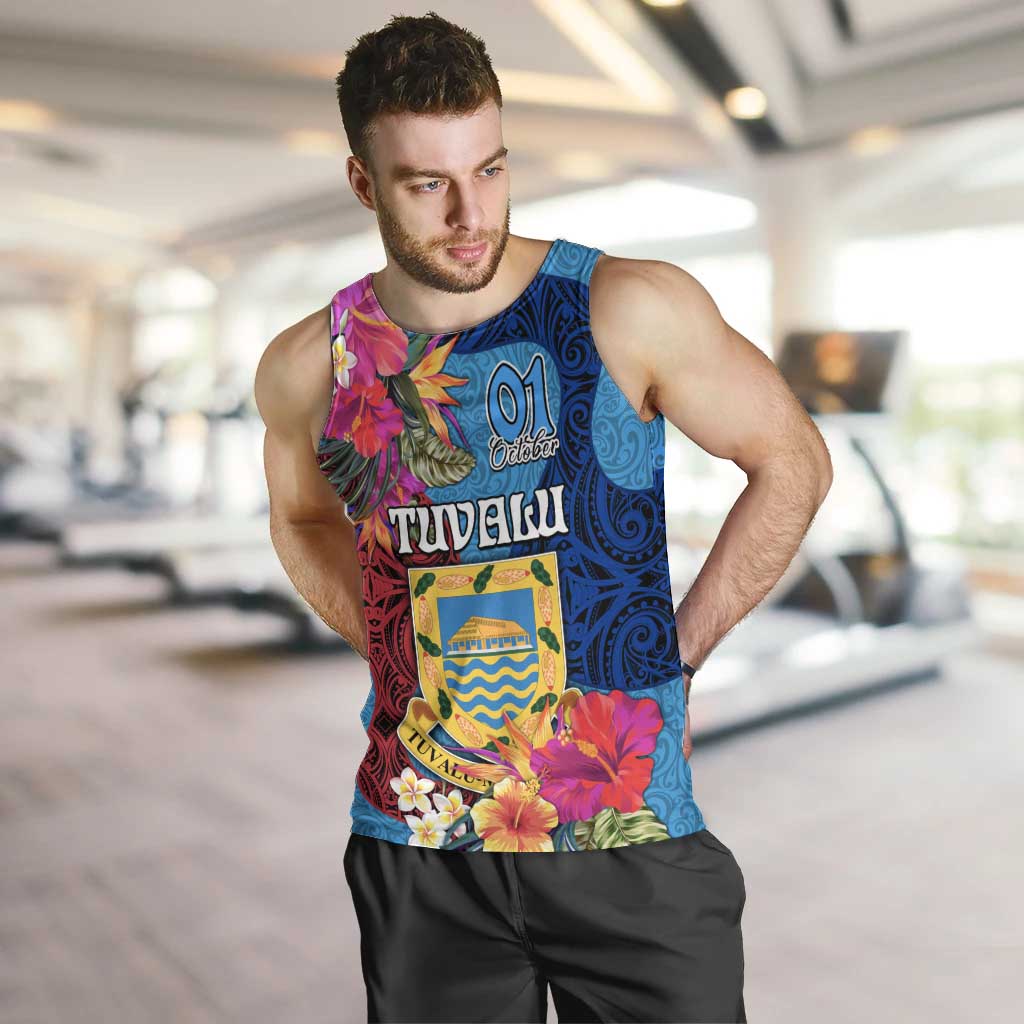 Personalised Tuvalu Independence Day Men Tank Top 1st October 46th Anniversary Polynesian Jungle Flower LT03 Blue - Polynesian Pride