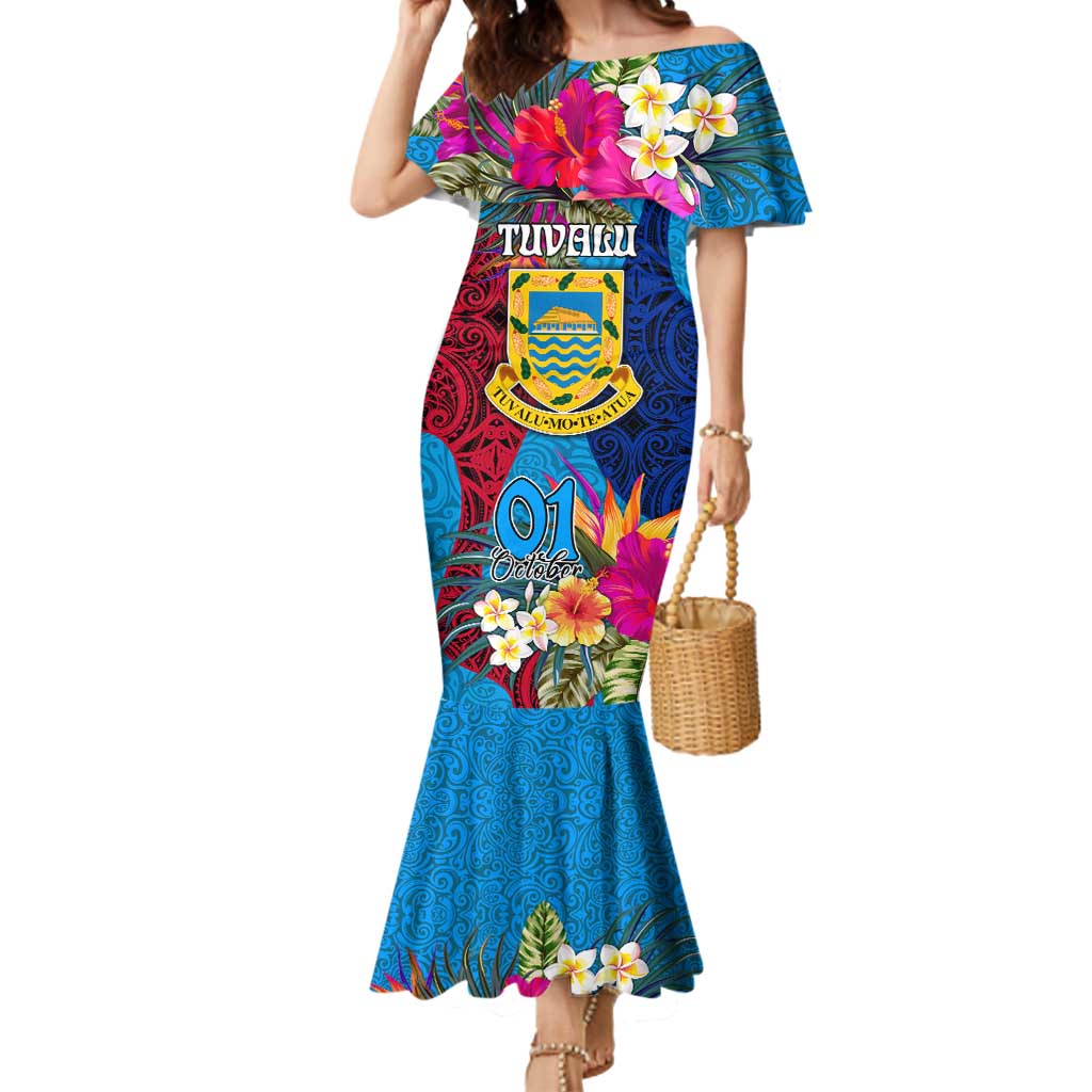 Personalised Tuvalu Independence Day Mermaid Dress 1st October 46th Anniversary Polynesian Jungle Flower