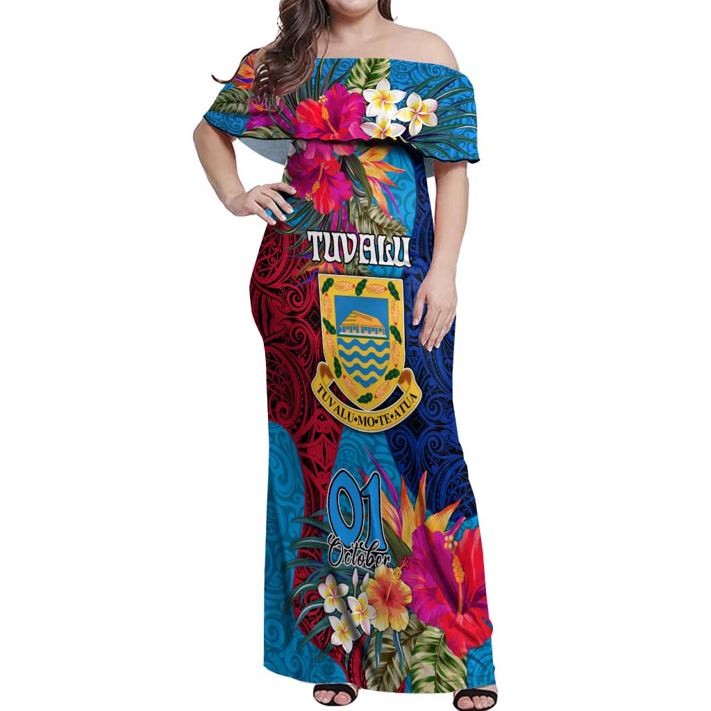 Personalised Tuvalu Independence Day Off Shoulder Maxi Dress 1st October 46th Anniversary Polynesian Jungle Flower LT03 Women Blue - Polynesian Pride
